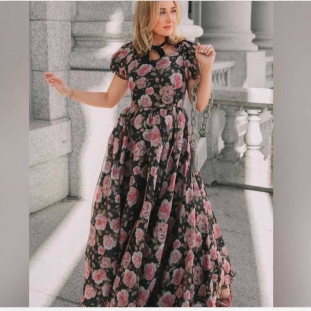 Ivy City Co Black Maxi Dress with Pink Rose Print
